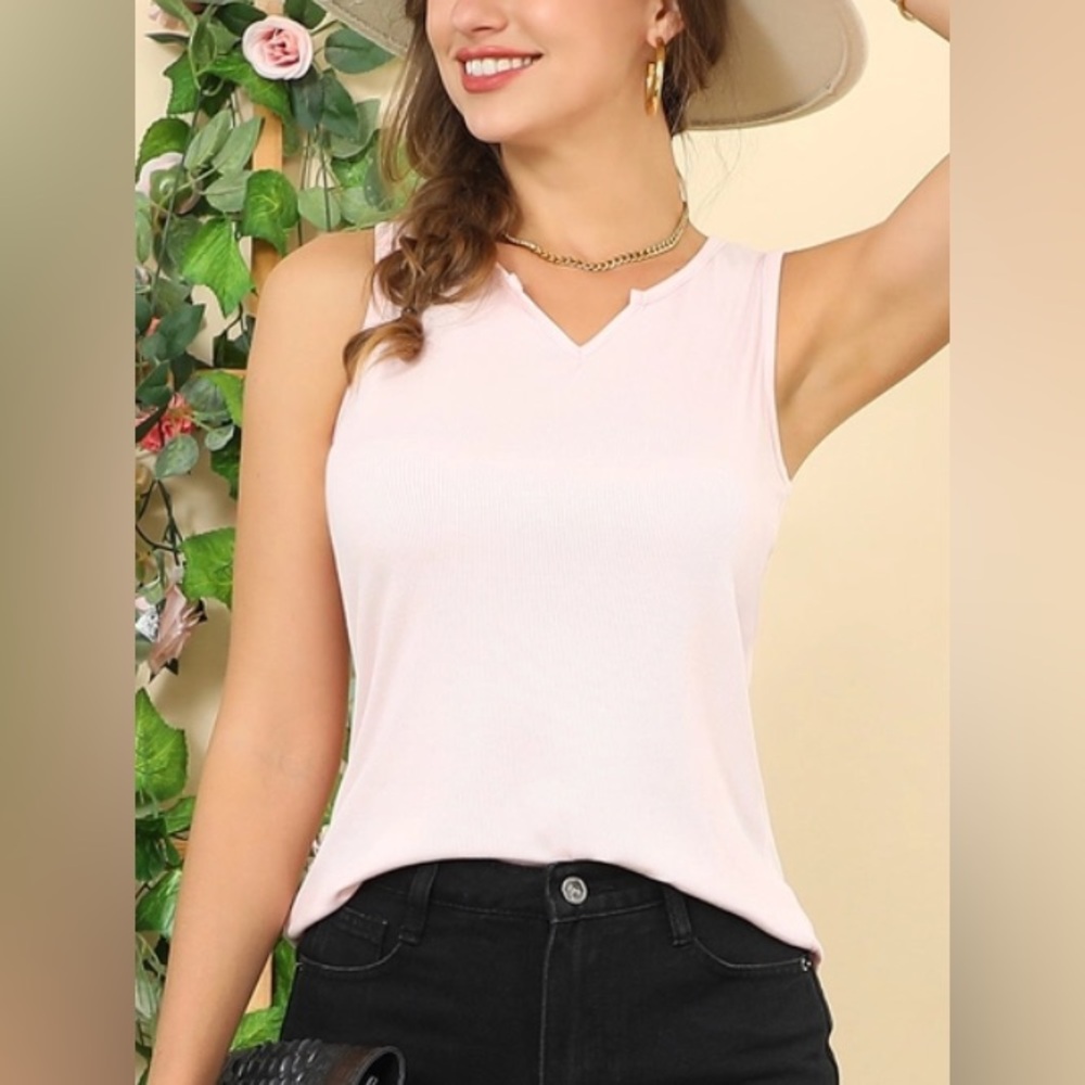 NEW Ribbed Tank Top Womens  V Neck Notched Beige Sleeveless Top Neutral Ninexis